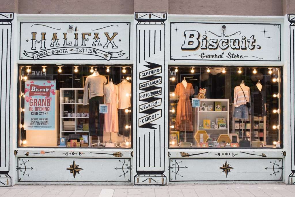Biscuit General Store storefront with Halifax-themed gifts and apparel.