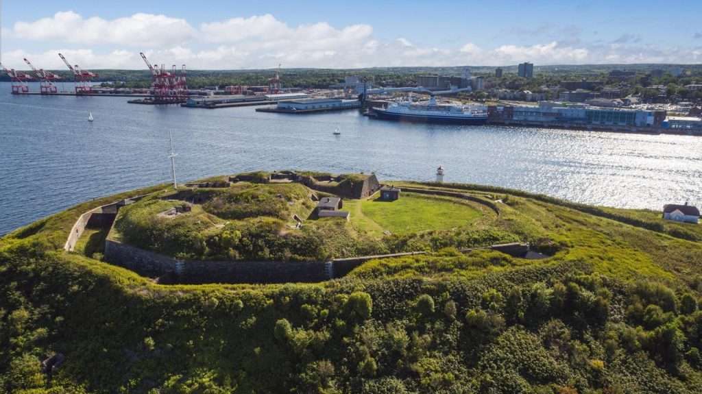 Aerial view of Georges Island in Halifax Harbour with surrounding water