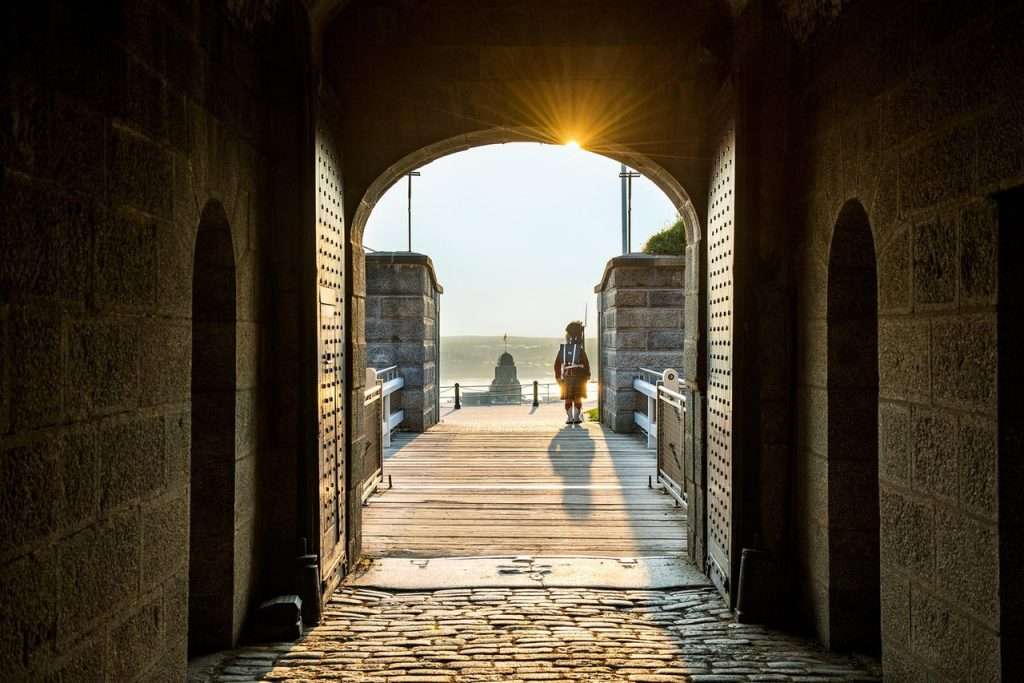 Halifax Citadel archway overlooking the harbour at sunrise.