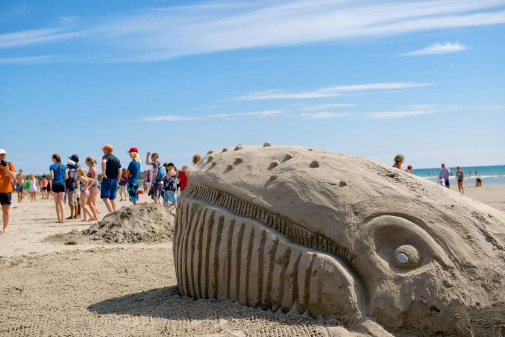 Nova Scotia Atlantic Ocean beach with a whale sand sculpture and summer visitors
