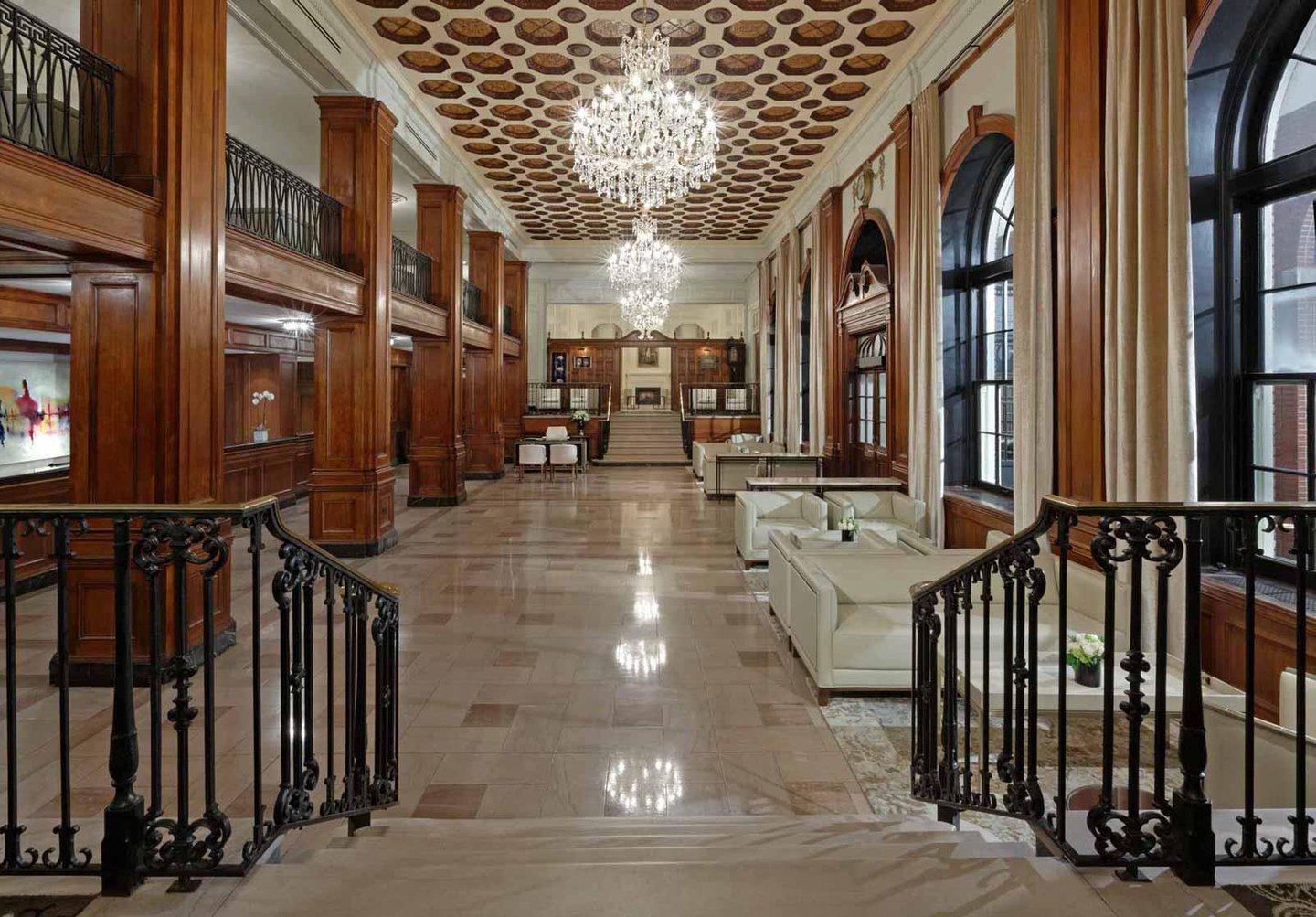 Chandeliers and wood panelling inside the Lord Nelson Hotel & Suites building in Halifax